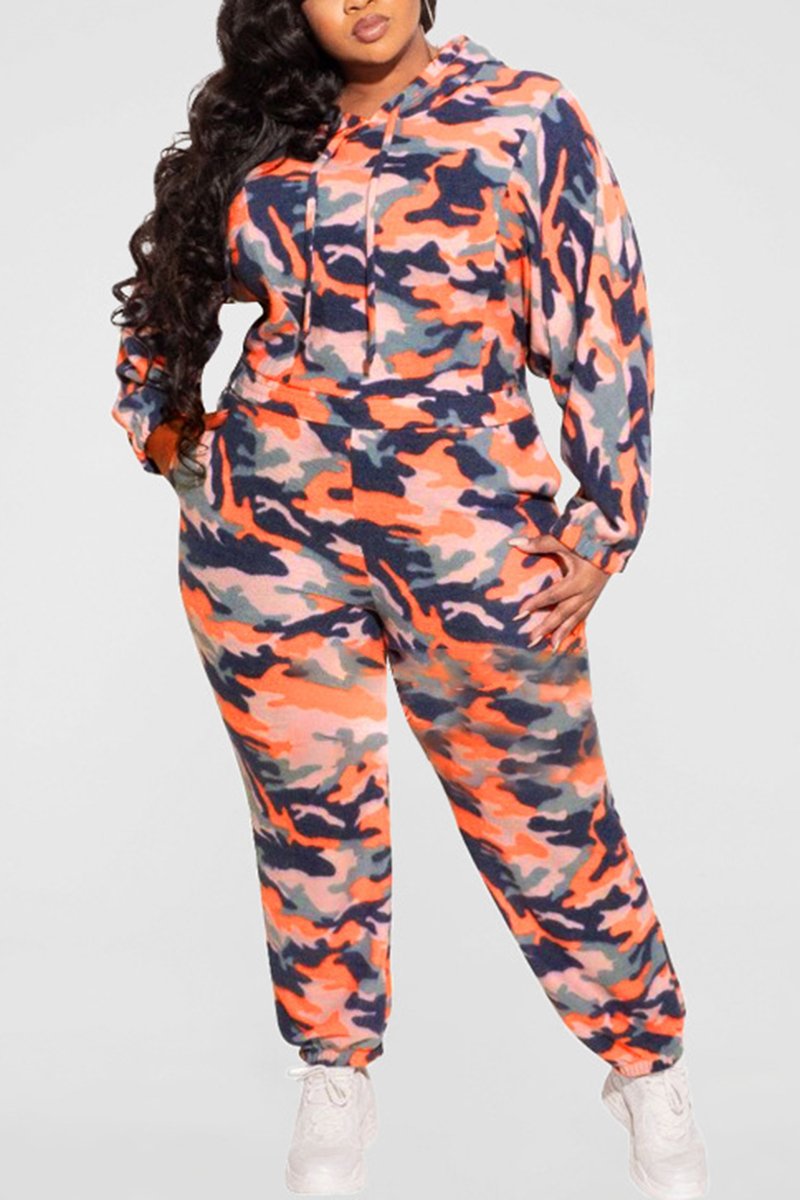 Plus Size Camouflage Hooded Pocket Two Piece Outfits