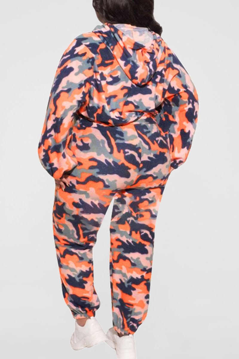 Plus Size Camouflage Hooded Pocket Two Piece Outfits