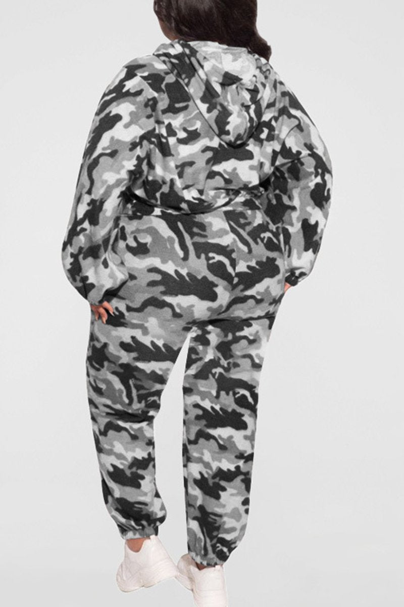 Plus Size Camouflage Hooded Pocket Two Piece Outfits