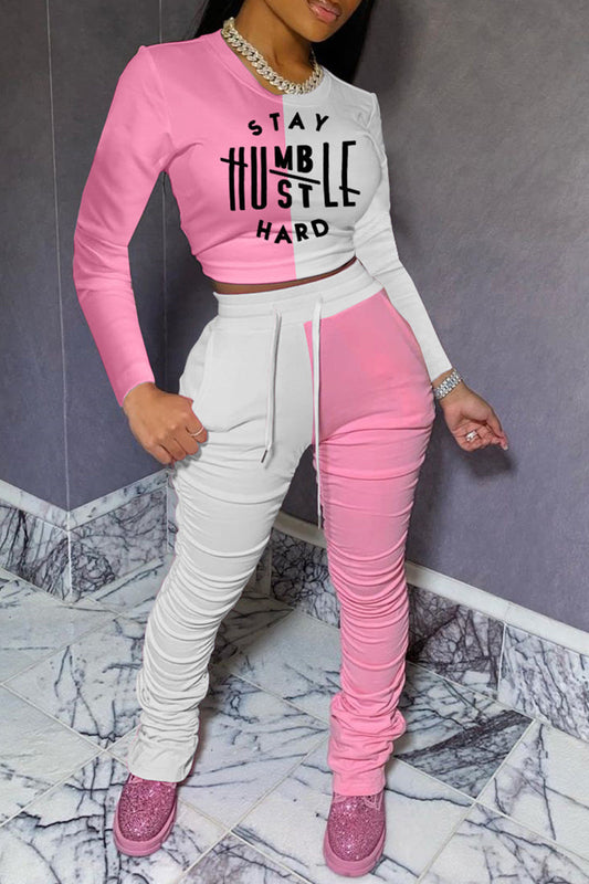 Plus Size Color Spliced Letter Drawstring Two Piece Sets