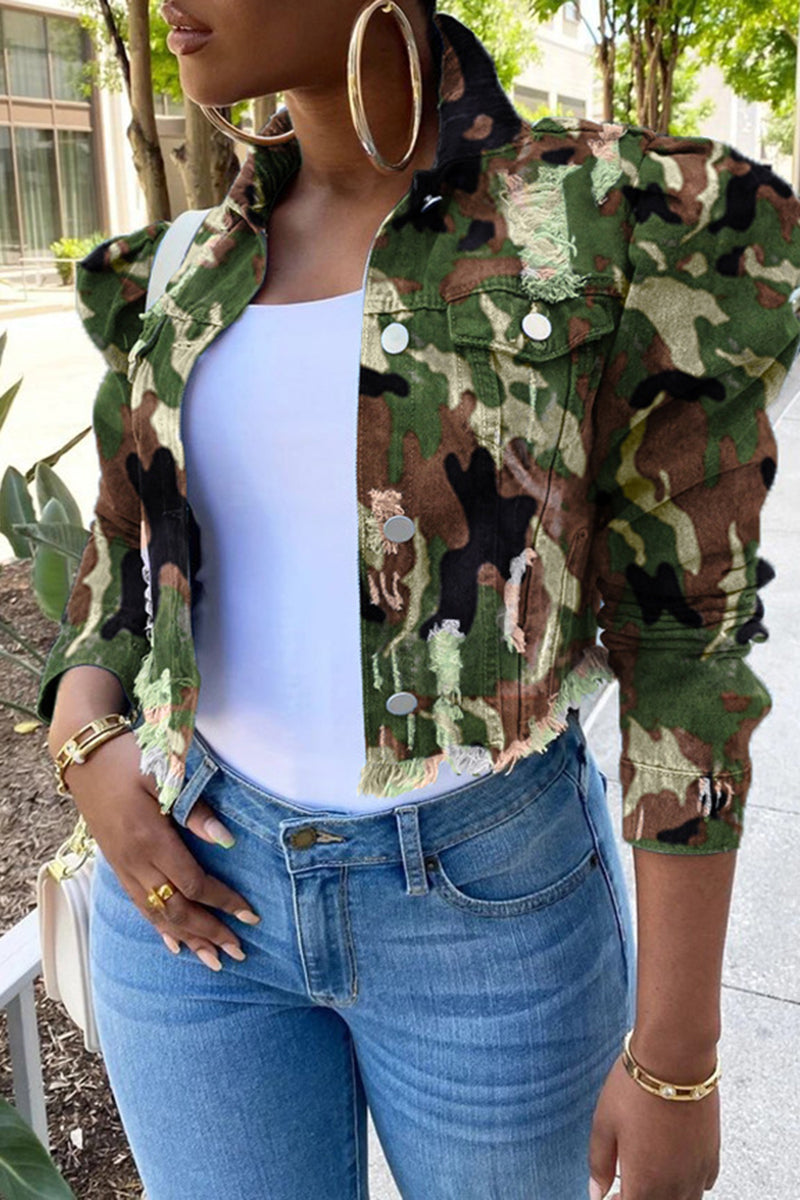 Plus Size Denim Camouflage Ruffled Jacket