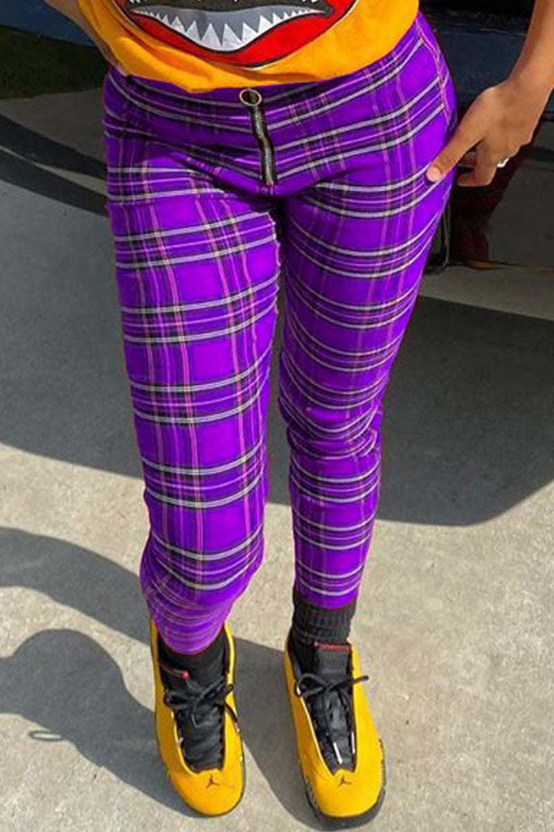 Plaid Print Zipper High Waist Pants