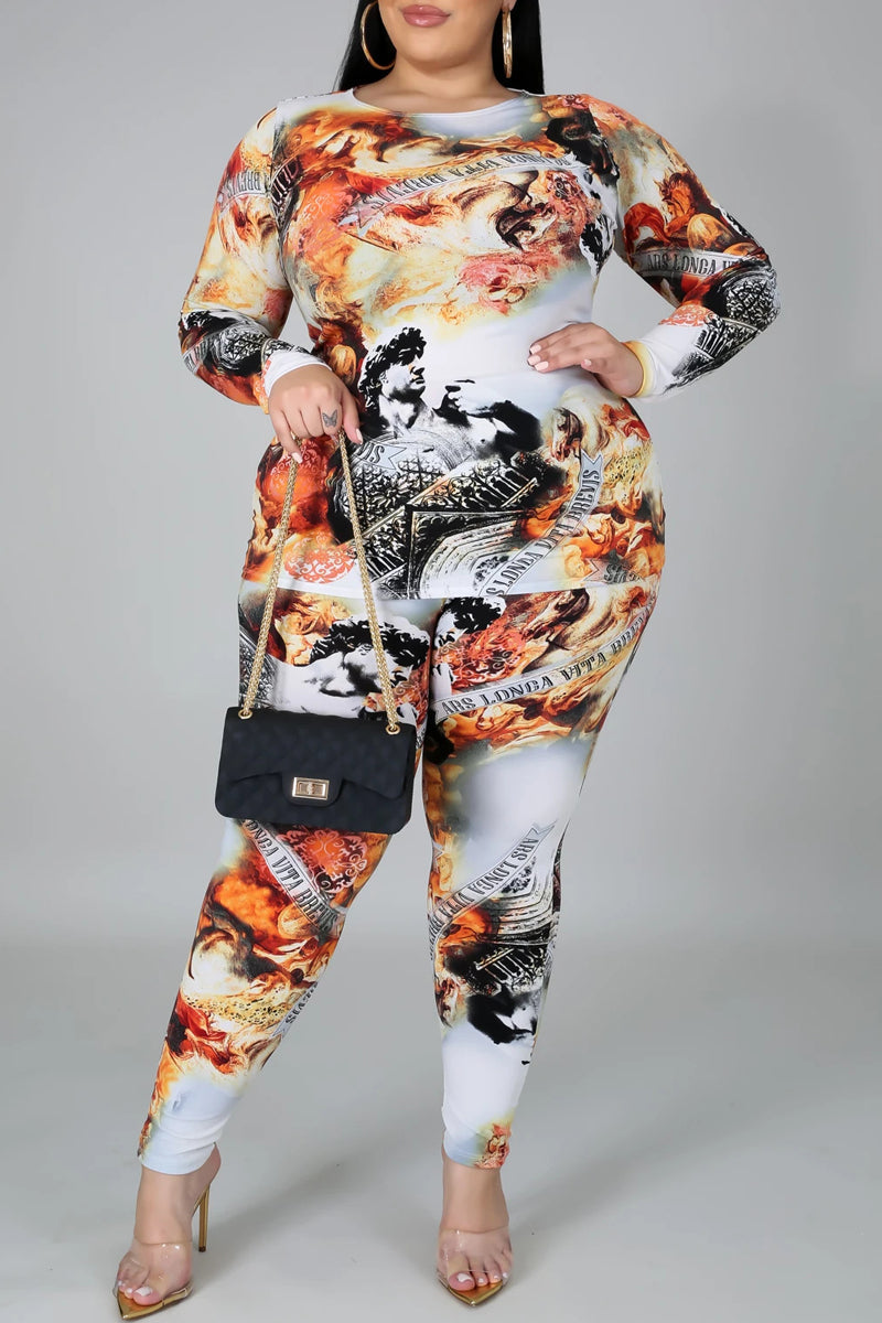Plus Size Digital Print Long Sleeve Top & Pants
