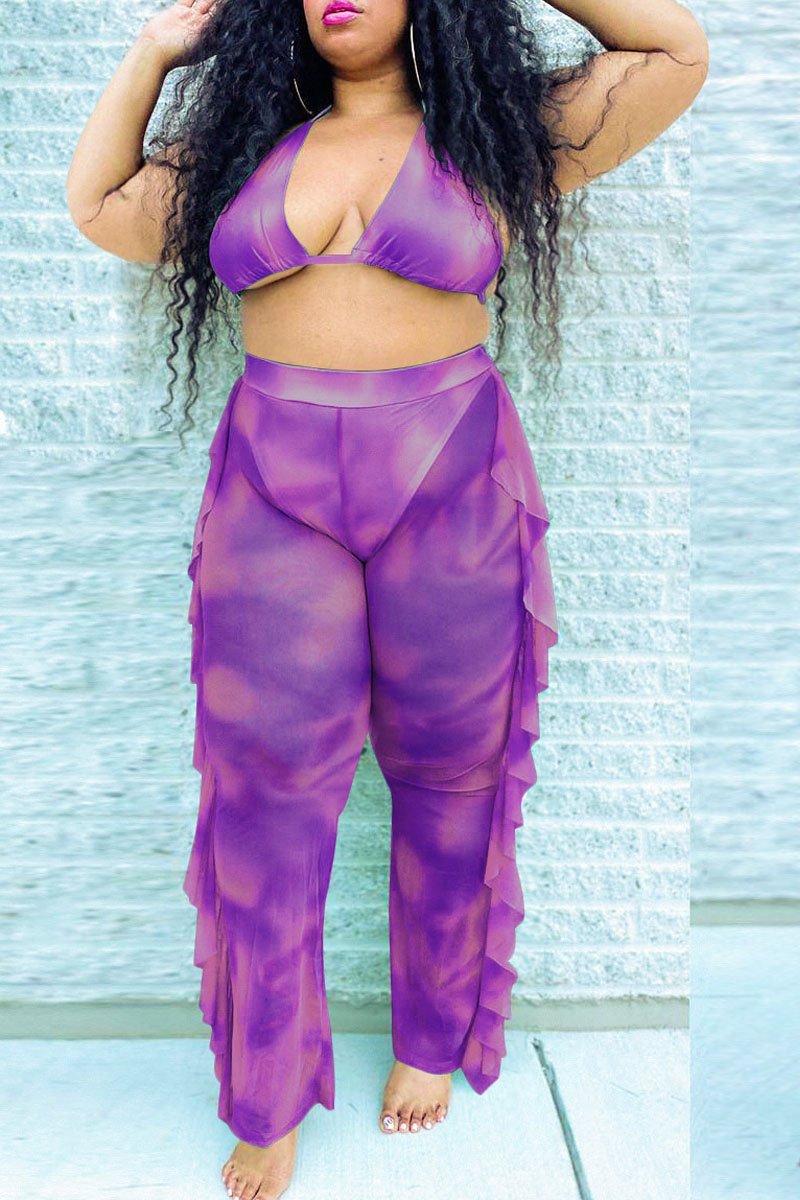 Plus Size Flounced See-through Two Piece Swimsuit