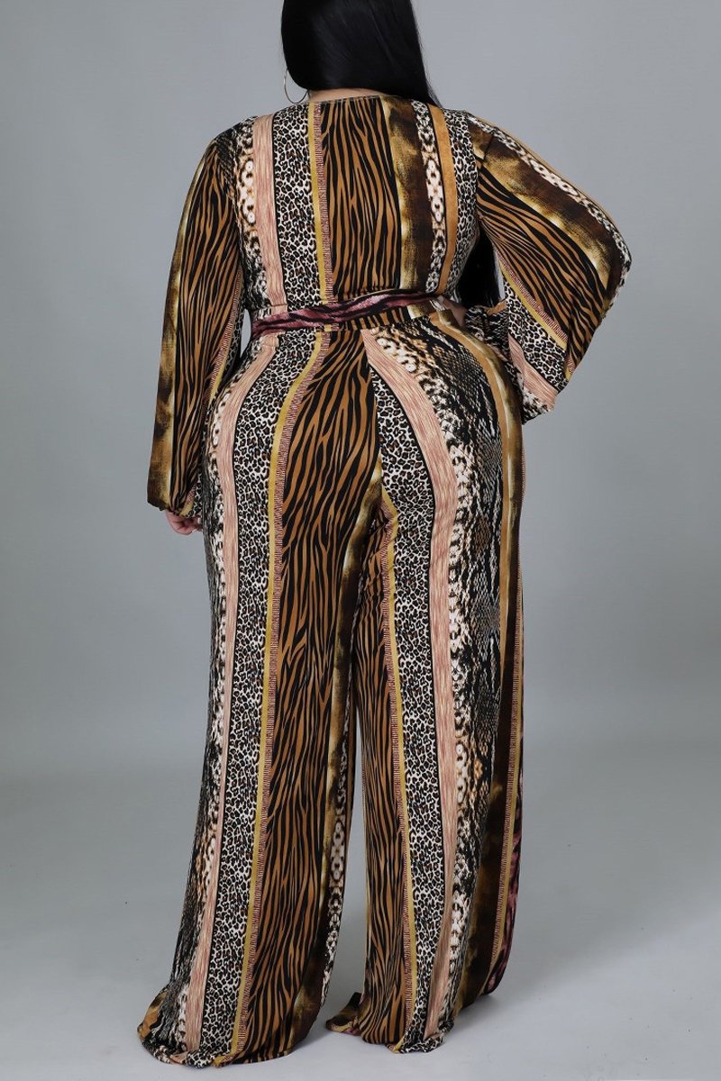 Plus Size Deep V Neck Print Belted Jumpsuit