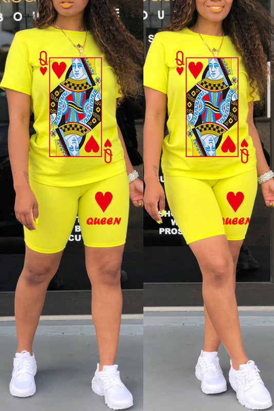 Plus Size Digital Print Solid Top & Shorts