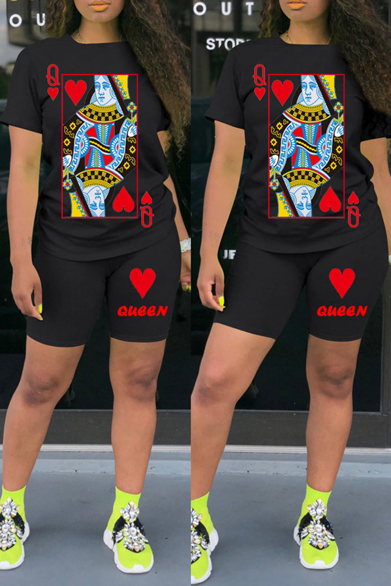 Plus Size Digital Print Solid Top & Shorts