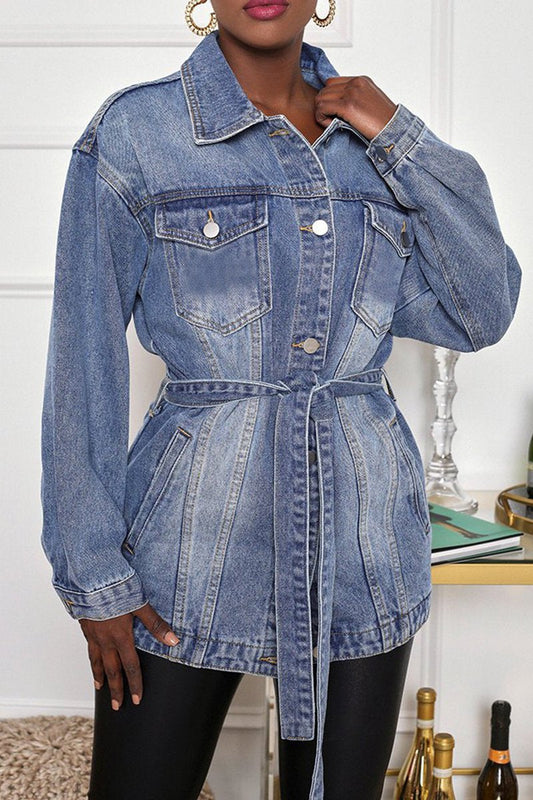 Plus Size Denim Pocket Casual Outerwear With Belt