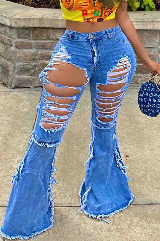 Plus Size Denim Hole Distressed Flare Jeans