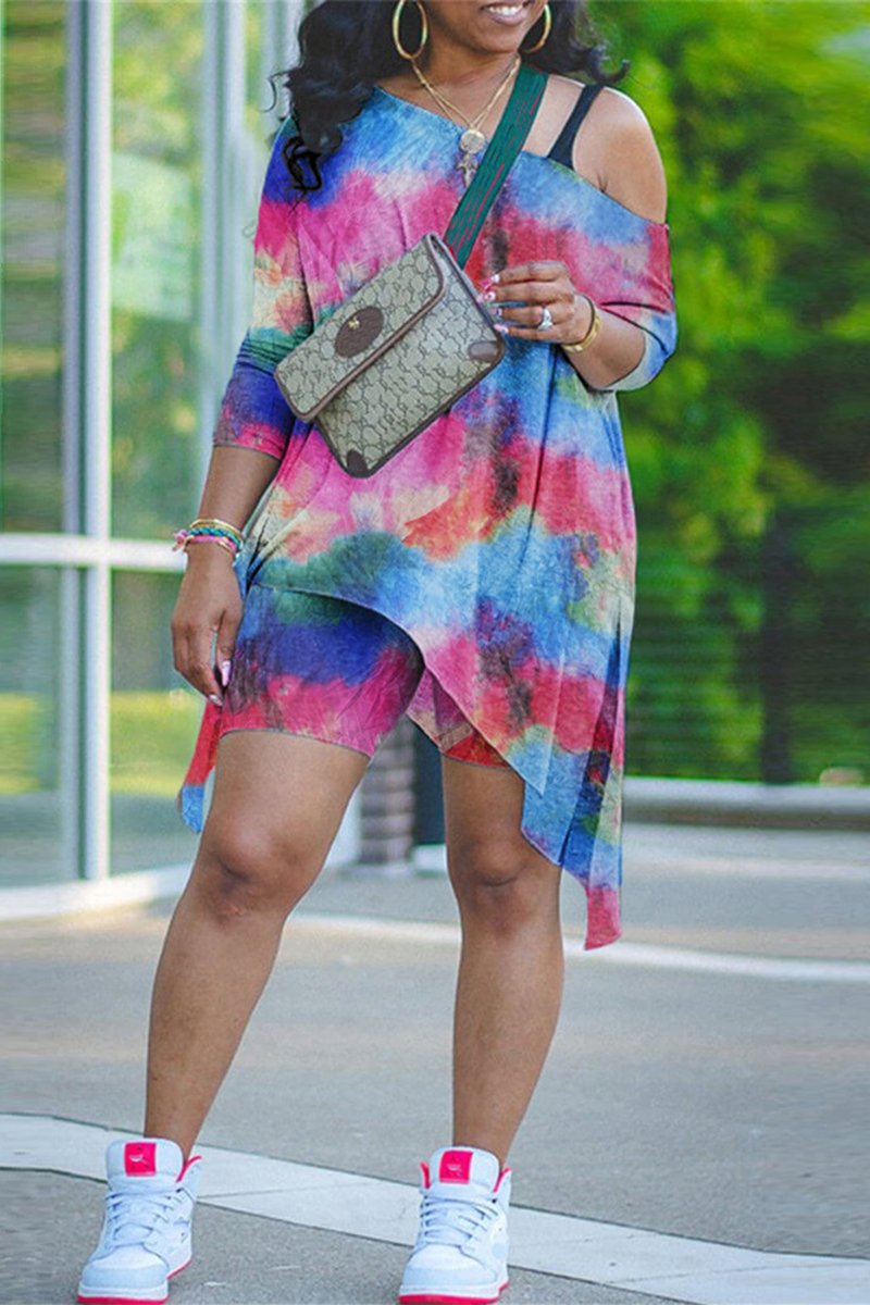 Plue Size Colorful Leopard Irregular Hem Top & Shorts