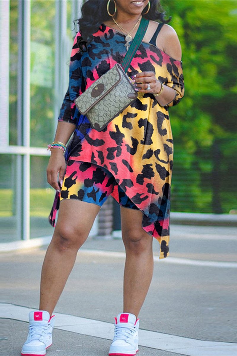 Plue Size Colorful Leopard Irregular Hem Top & Shorts