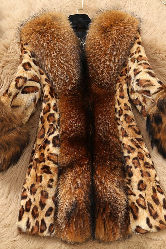 Plus Size Faux Fur Collar Leopard Print Coat