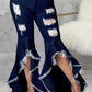 Plus Size Denim Irregular Hem Hole Flared Jeans