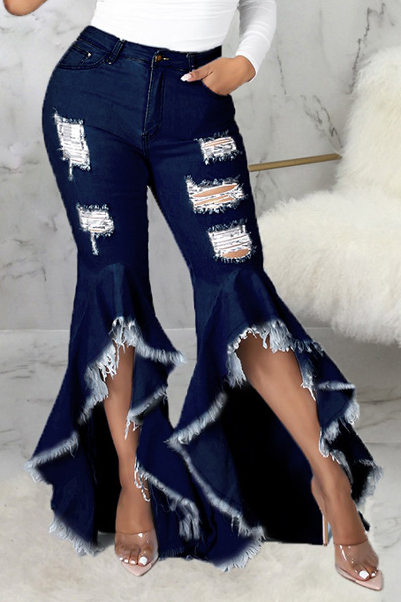 Plus Size Denim Irregular Hem Hole Flared Jeans