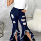 Plus Size Denim Irregular Hem Hole Flared Jeans