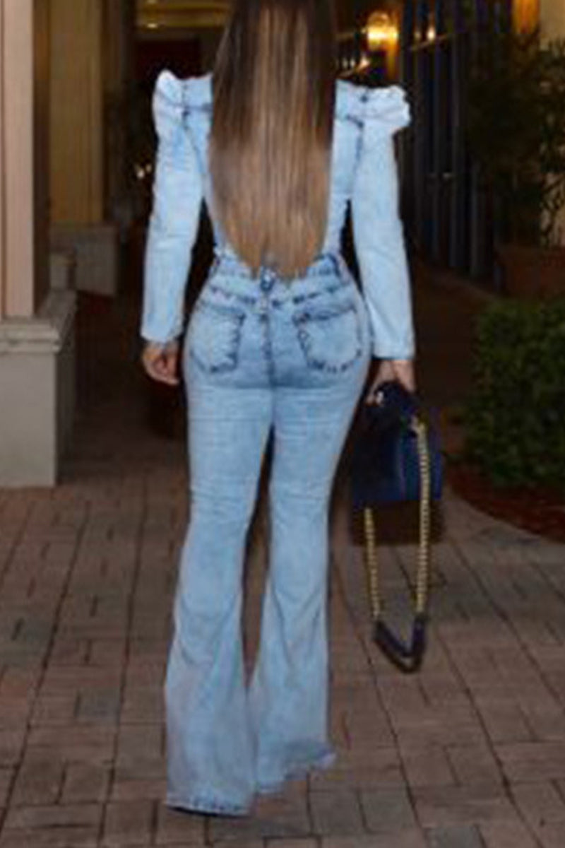 Plus Size Denim Turndown Collar Flared Jumpsuit