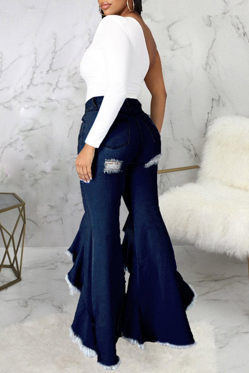 Plus Size Denim Irregular Hem Hole Flared Jeans