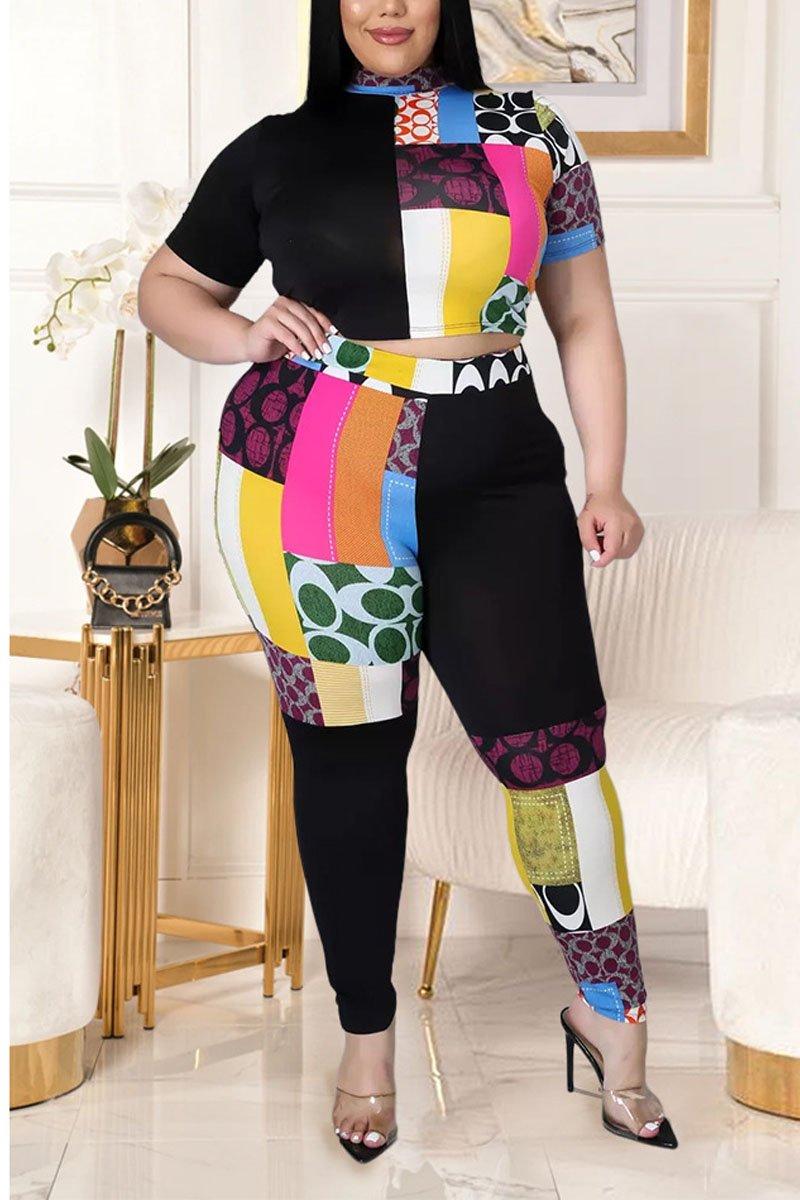 Plus Size Color Block Short Sleeve Top & Pants