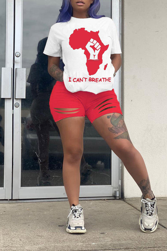 Plus Size Distressed Printed Pocket Top & Shorts
