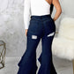 Plus Size Denim Irregular Hem Hole Flared Jeans
