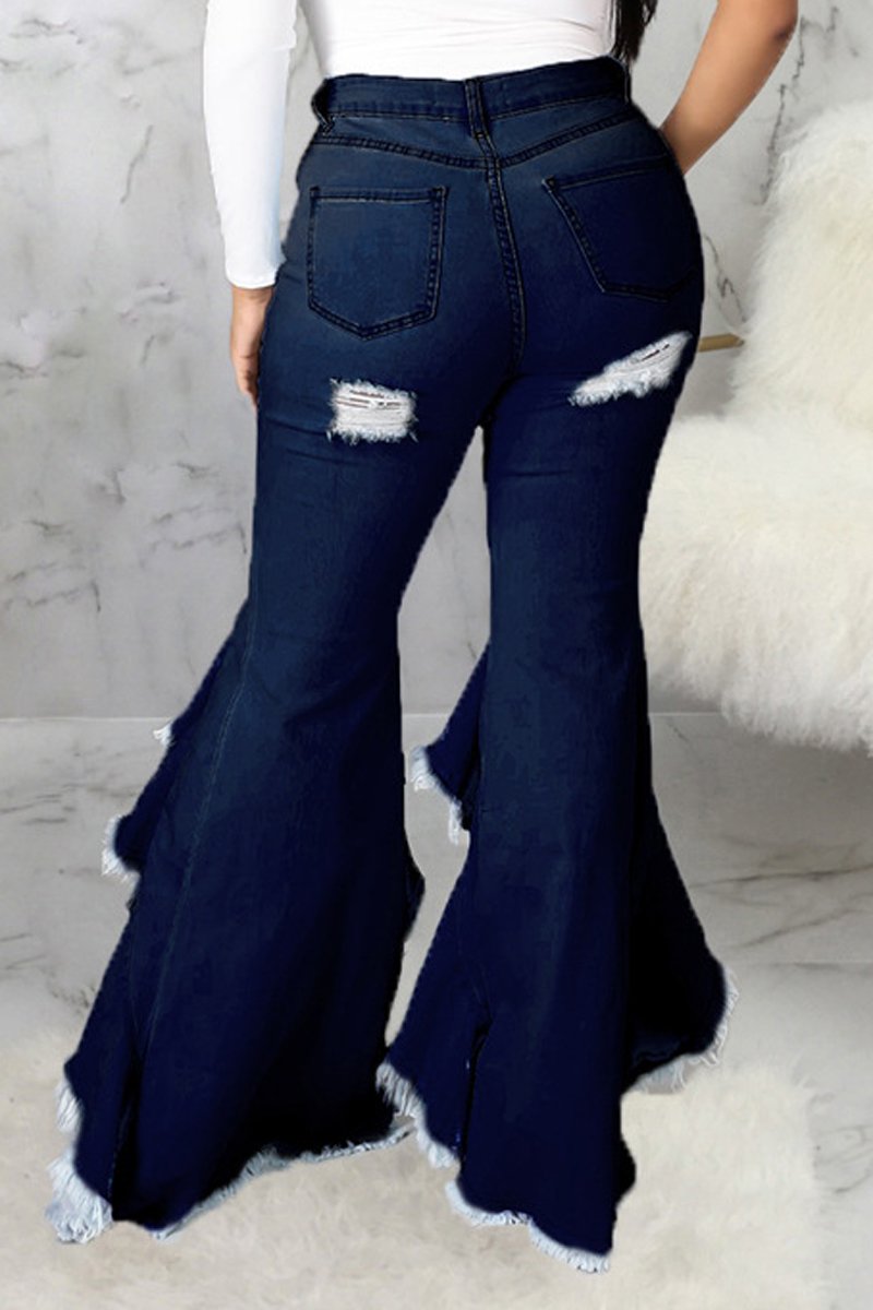 Plus Size Denim Irregular Hem Hole Flared Jeans