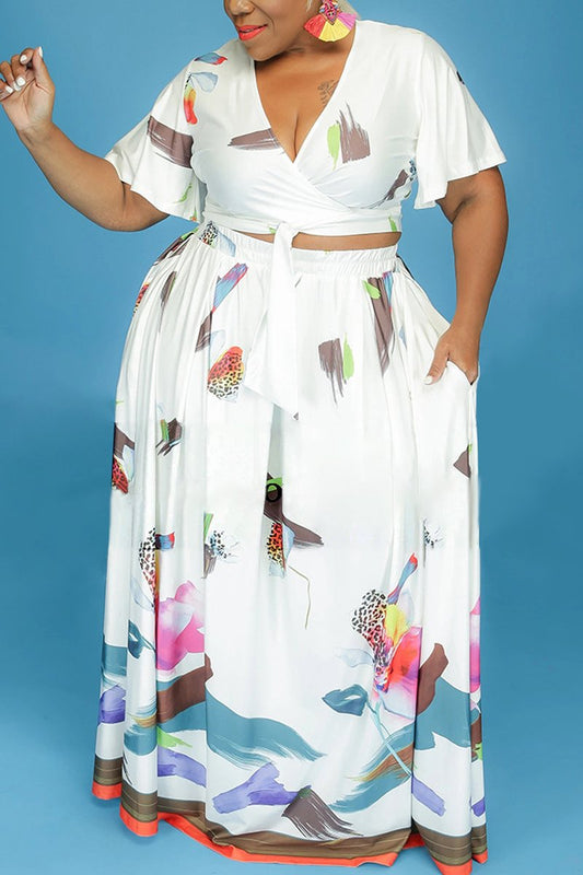 Plus Size Deep V Neck Lace-up Two Piece Sets