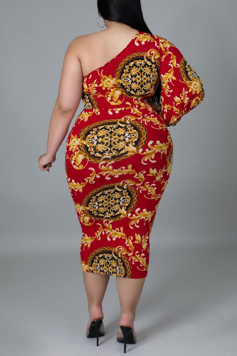 Plus Size Digital Print One Sleeve Midi Dress