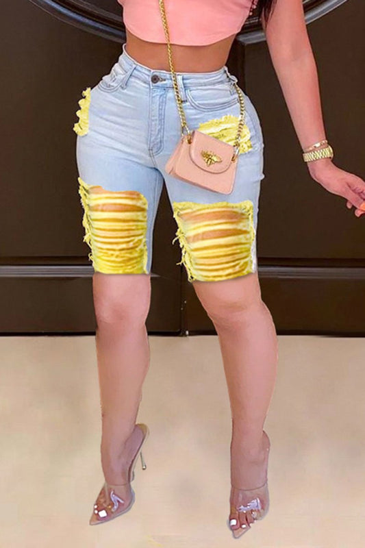 Plus Size Color Spliced Distressed Denim Shorts