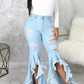 Plus Size Denim Irregular Hem Hole Flared Jeans