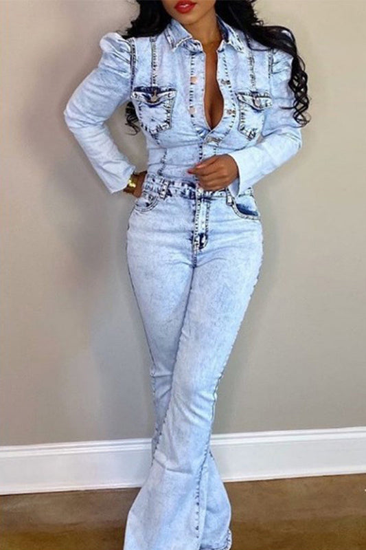 Plus Size Denim Turndown Collar Flared Jumpsuit