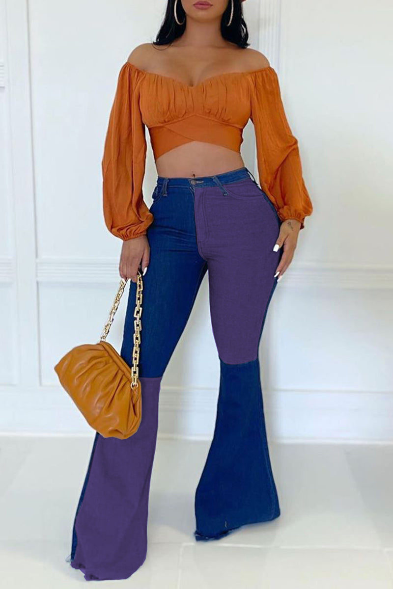 Plus Size Denim Flared Patchwork Pants