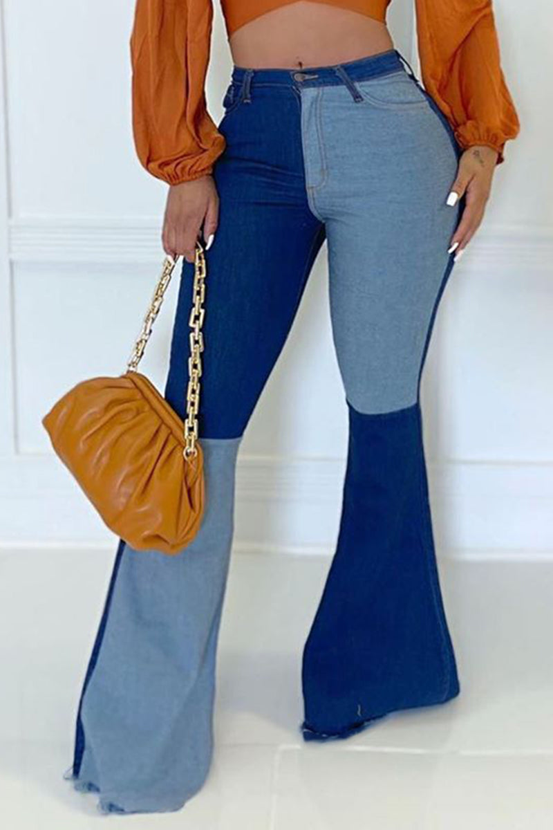 Plus Size Denim Flared Patchwork Pants