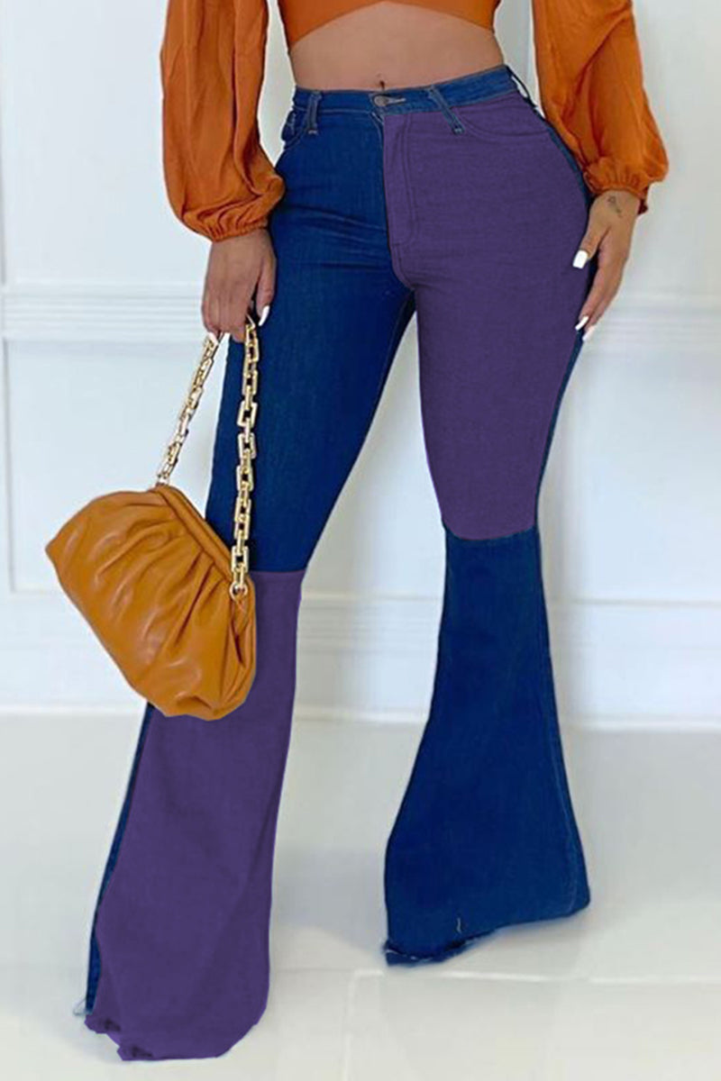 Plus Size Denim Flared Patchwork Pants