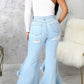 Plus Size Denim Irregular Hem Hole Flared Jeans