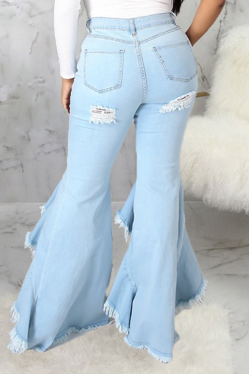 Plus Size Denim Irregular Hem Hole Flared Jeans
