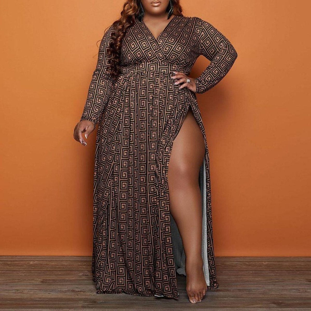 Plus Size Digital Print Side Slit Casual Maxi Dress