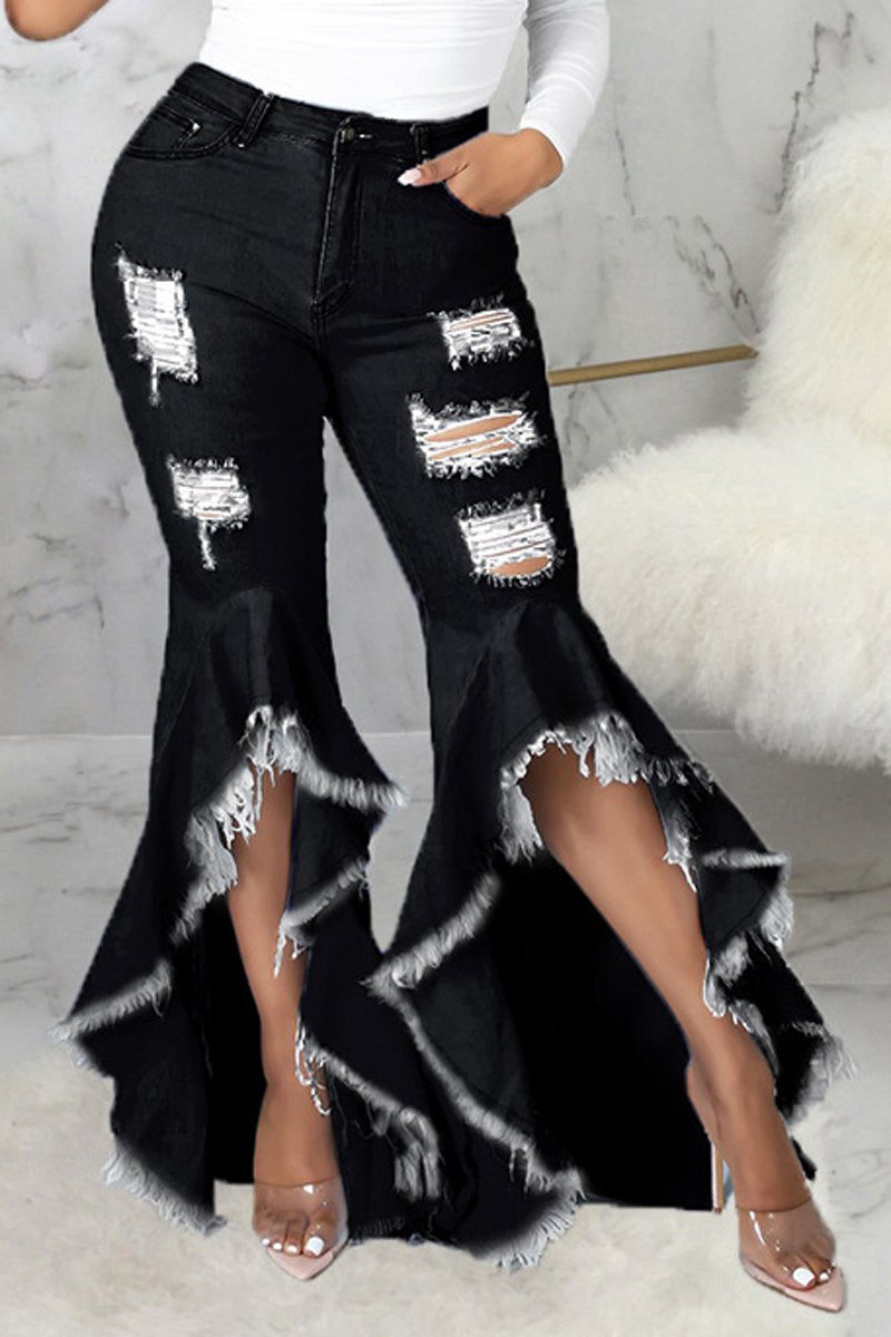 Plus Size Denim Irregular Hem Hole Flared Jeans