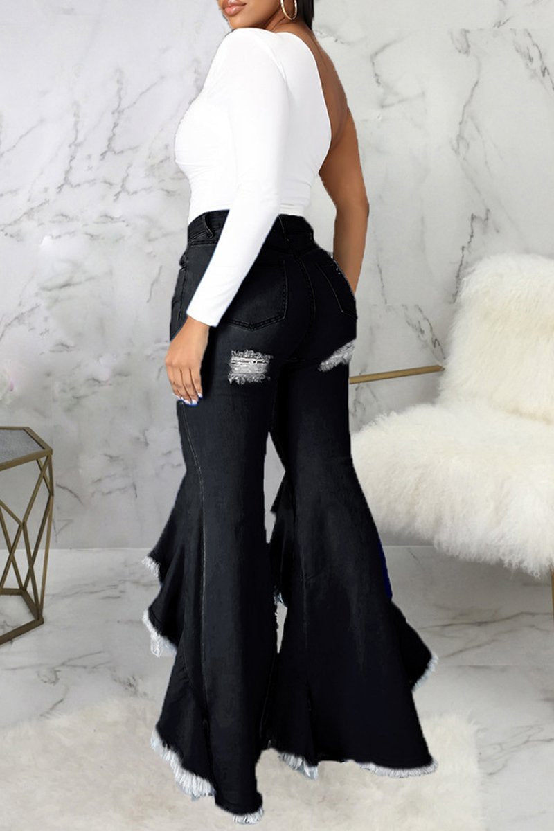 Plus Size Denim Irregular Hem Hole Flared Jeans