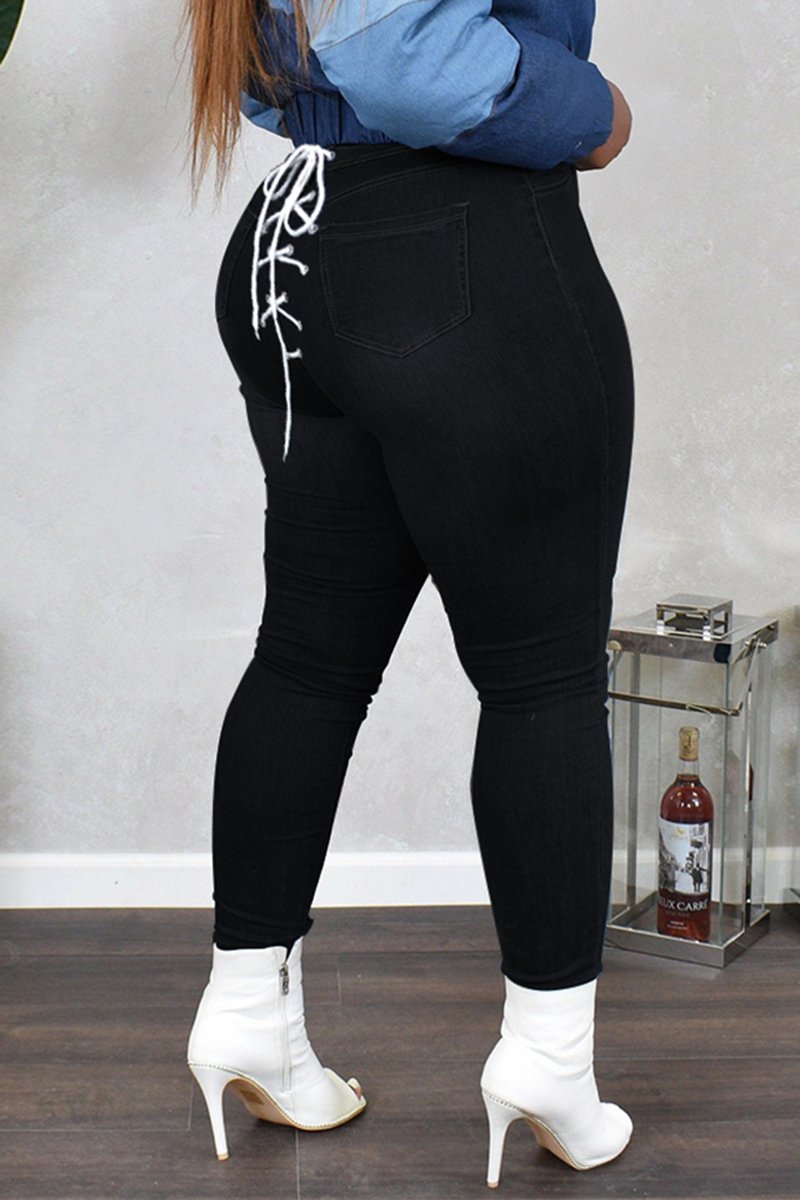 Plus Size Back Bandage Solid Color Pants