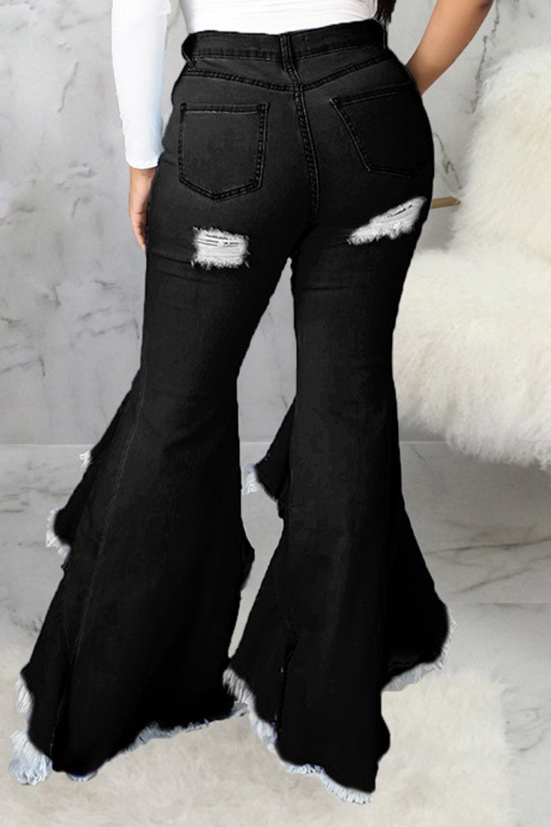 Plus Size Denim Irregular Hem Hole Flared Jeans