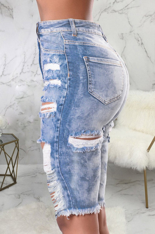 Plus Size Distressed Pocket Denim Knee Length Pants