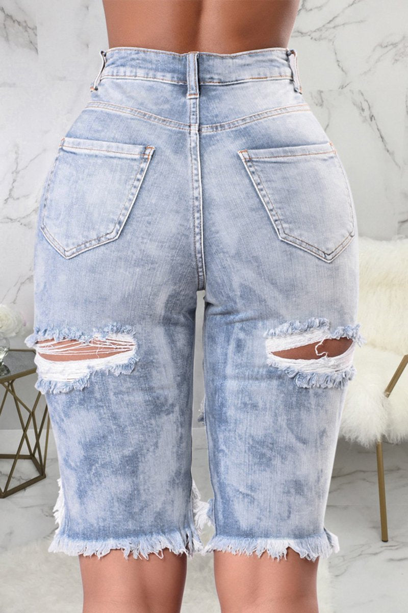 Plus Size Distressed Pocket Denim Knee Length Pants