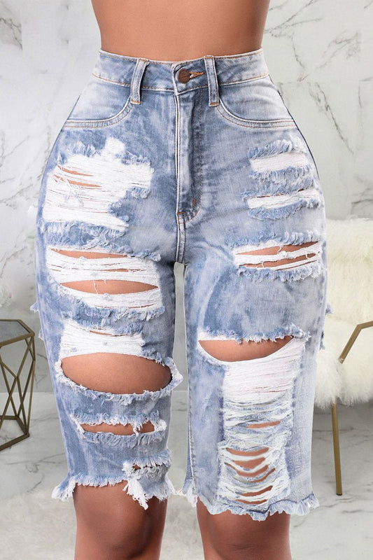 Plus Size Distressed Pocket Denim Knee Length Pants