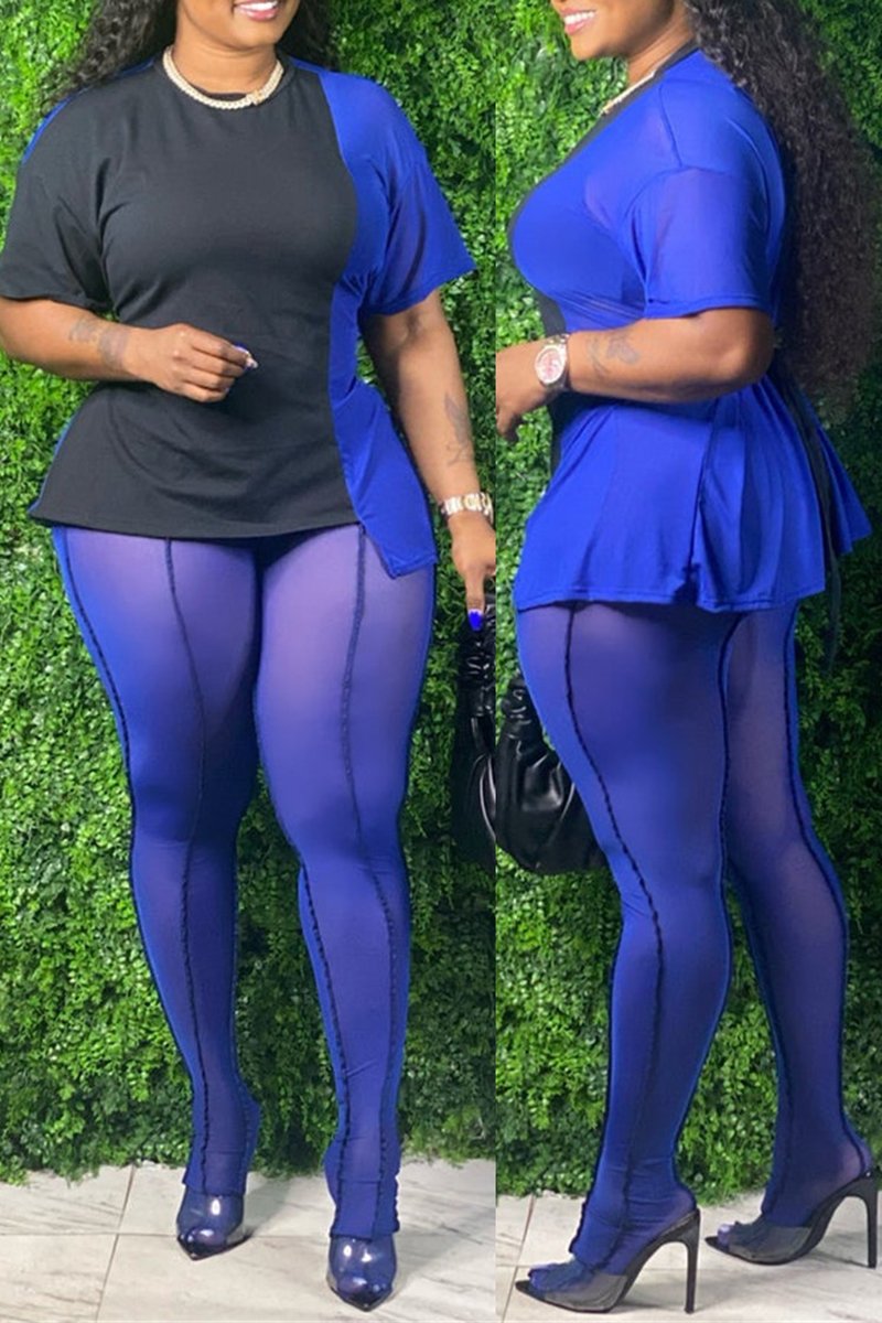 Plus Size Color Block Two Piece Sets With Belt