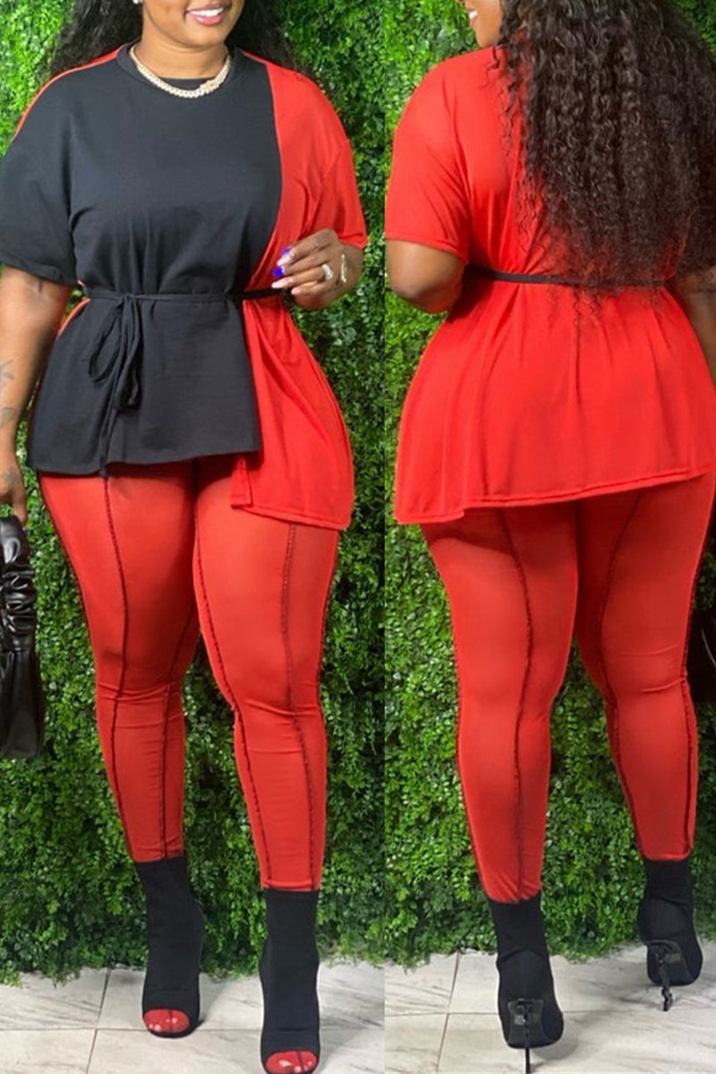 Plus Size Color Block Two Piece Sets With Belt