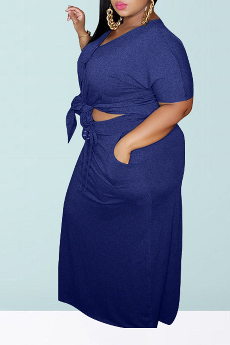 Plus Size Button Knotted Two Piece Dresses