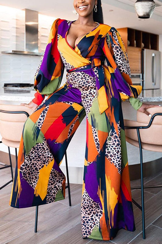 Plus Size Deep V Neck Print Belted Jumpsuit