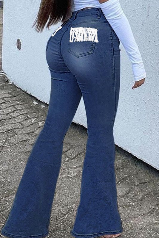 Plus Size Denim Patchwork Tassels Flare Jeans