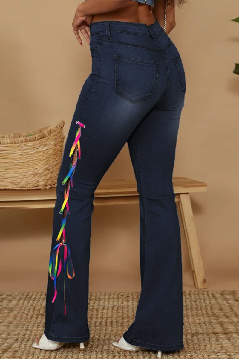 Plus Size Denim Colorful Bandage Side Slit Pants