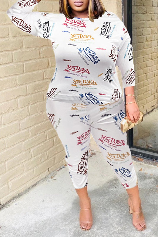 Plus Size Digital Print Round Neck Two Piece Outfits
